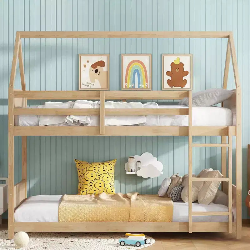 Floor Bunk Bed Twin over Twin with Headboards and Footboard for Kids Teens, Wood House Shaped Bunk Bed Frame with Guardrail and Ladder
