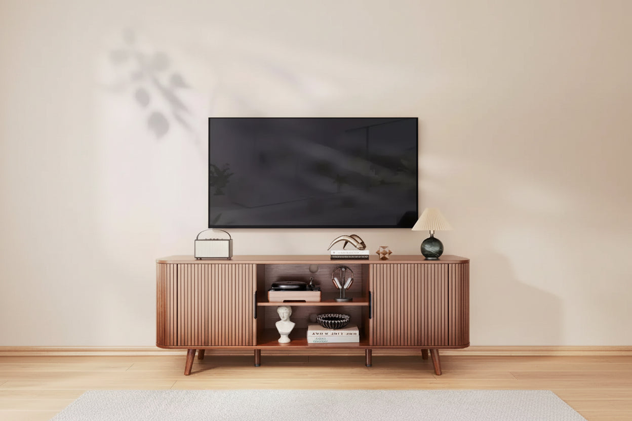 Curved Edge TV Stand Walnut Finish Media Console for 65 Inch TV Modern Fluted Door Credenza with Storage Mid Century Living Room Furniture