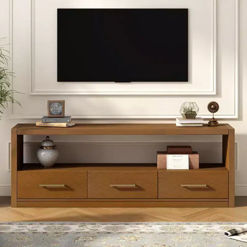TV Stand & Fluted Media Console, Stylish TV Cabinet with 3 Drawers, Minimalist Metal Handles - Brown