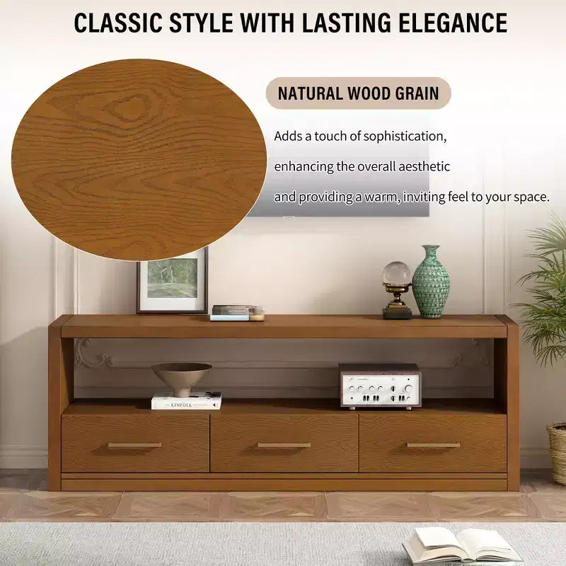 TV Stand & Fluted Media Console, Stylish TV Cabinet with 3 Drawers, Minimalist Metal Handles - Brown