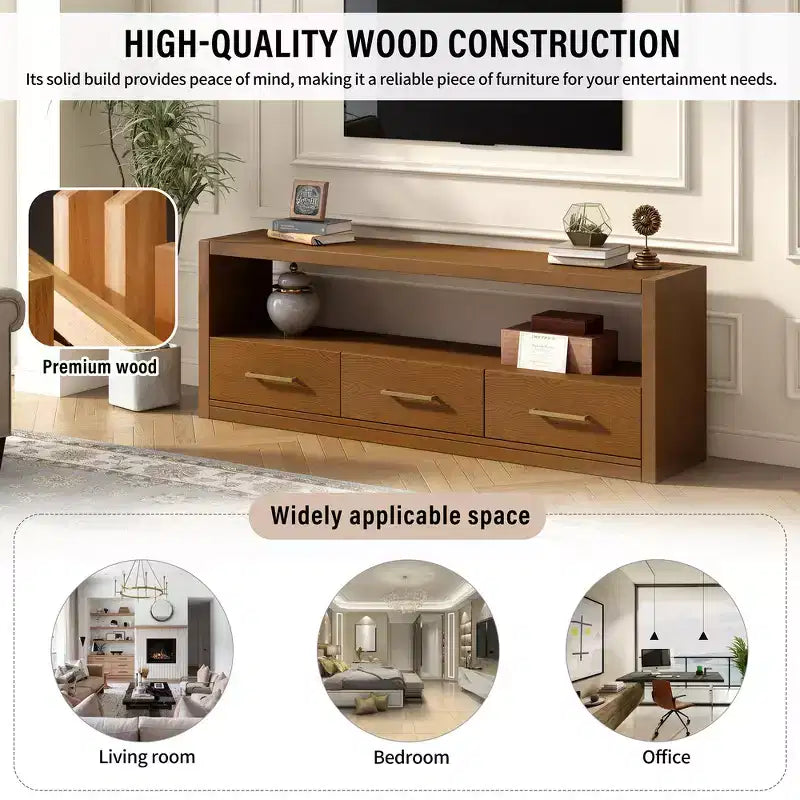 TV Stand & Fluted Media Console, Stylish TV Cabinet with 3 Drawers, Minimalist Metal Handles - Brown