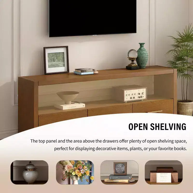 TV Stand & Fluted Media Console, Stylish TV Cabinet with 3 Drawers, Minimalist Metal Handles - Brown