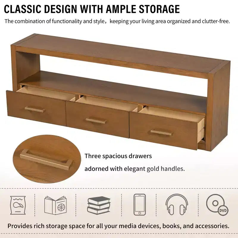 TV Stand & Fluted Media Console, Stylish TV Cabinet with 3 Drawers, Minimalist Metal Handles - Brown
