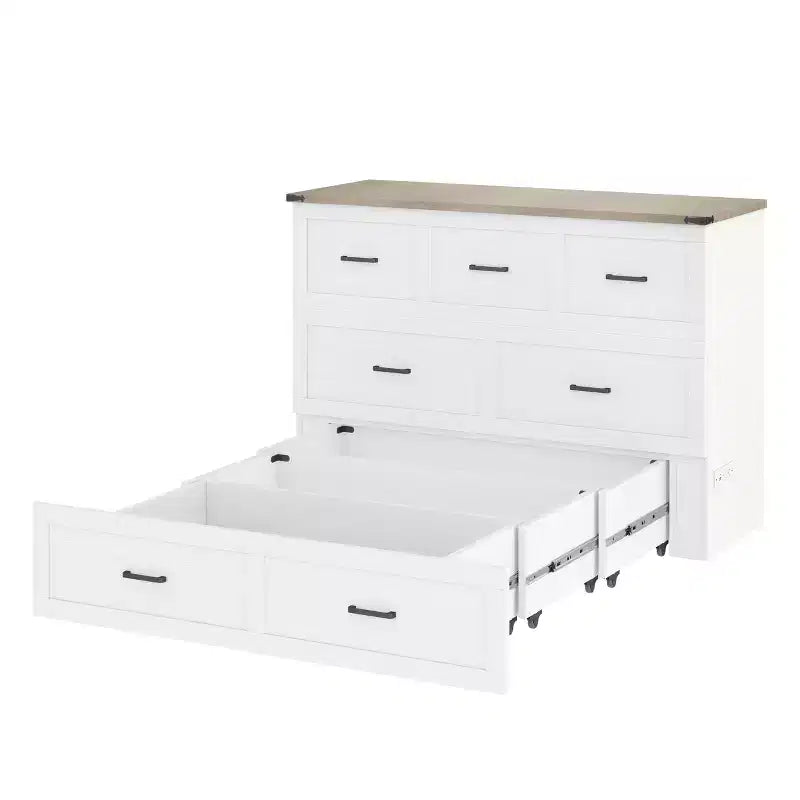 Queen Size Bed Cabinet with Charging Station Multifunctional Foldable Platform With Storage for Guest Room White