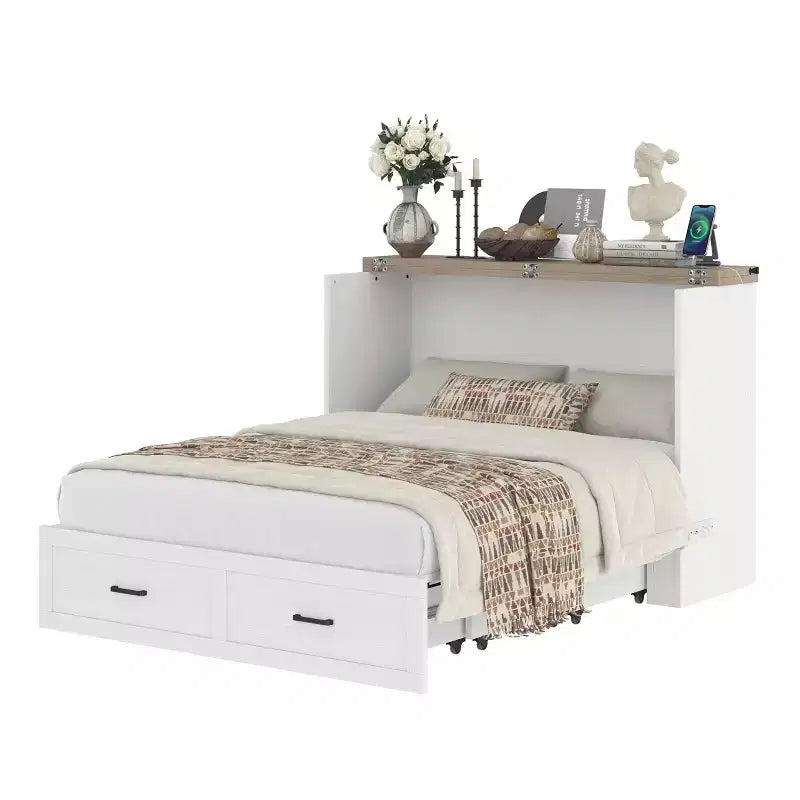 Queen Size Bed Cabinet with Charging Station Multifunctional Foldable Platform With Storage for Guest Room White