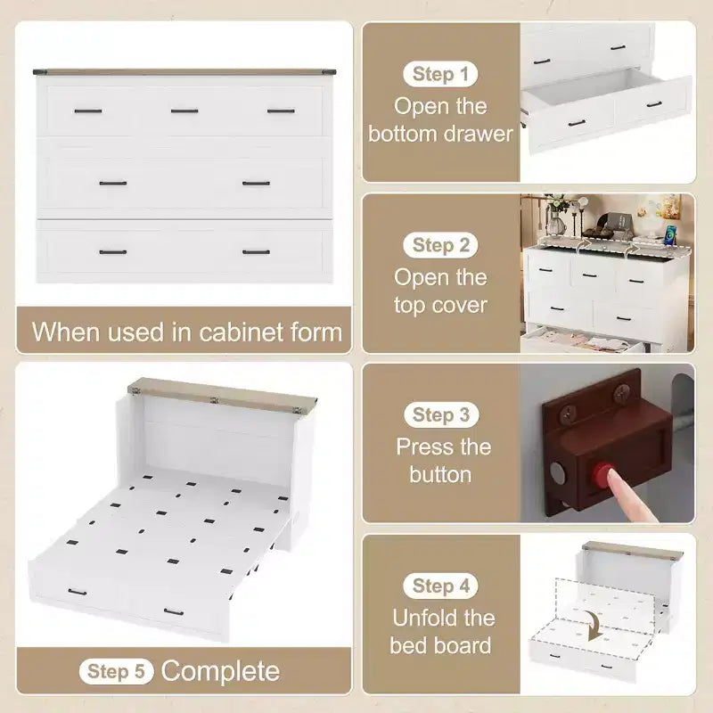 Queen Size Bed Cabinet with Charging Station Multifunctional Foldable Platform With Storage for Guest Room White