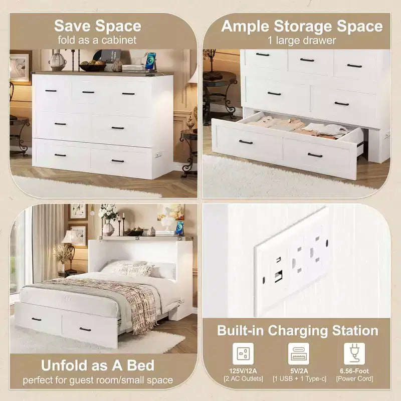Queen Size Bed Cabinet with Charging Station Multifunctional Foldable Platform With Storage for Guest Room White
