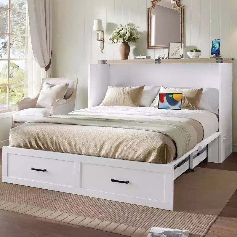 Queen Size Bed Cabinet with Charging Station Multifunctional Foldable Platform With Storage for Guest Room White