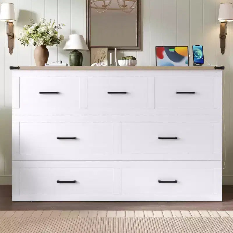 Queen Size Bed Cabinet with Charging Station Multifunctional Foldable Platform With Storage for Guest Room White