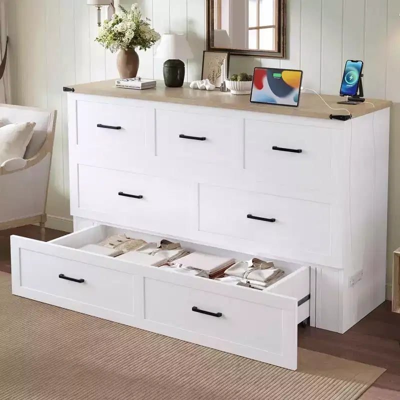 Queen Size Bed Cabinet with Charging Station Multifunctional Foldable Platform With Storage for Guest Room White
