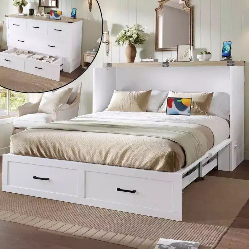 Queen Size Bed Cabinet with Charging Station Multifunctional Foldable Platform With Storage for Guest Room White