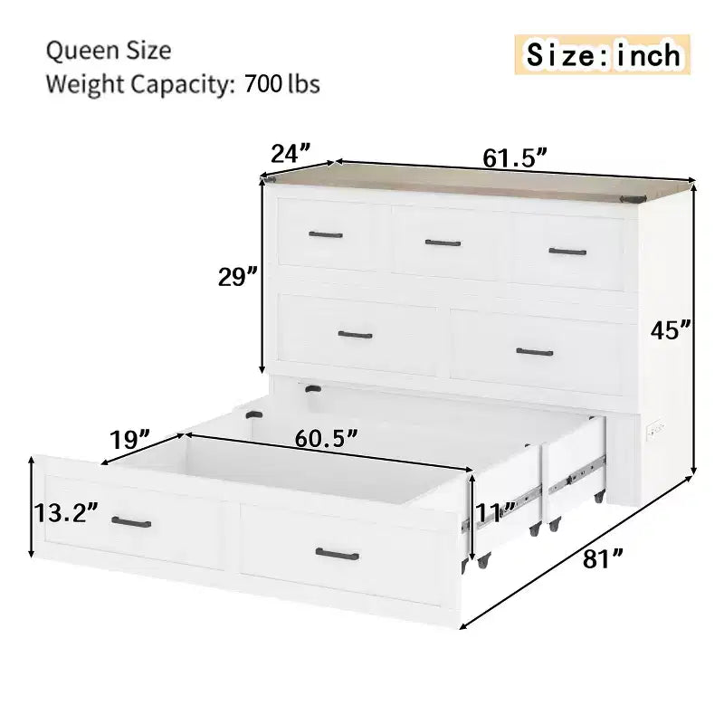 Queen Size Bed Cabinet with Charging Station Multifunctional Foldable Platform With Storage for Guest Room White
