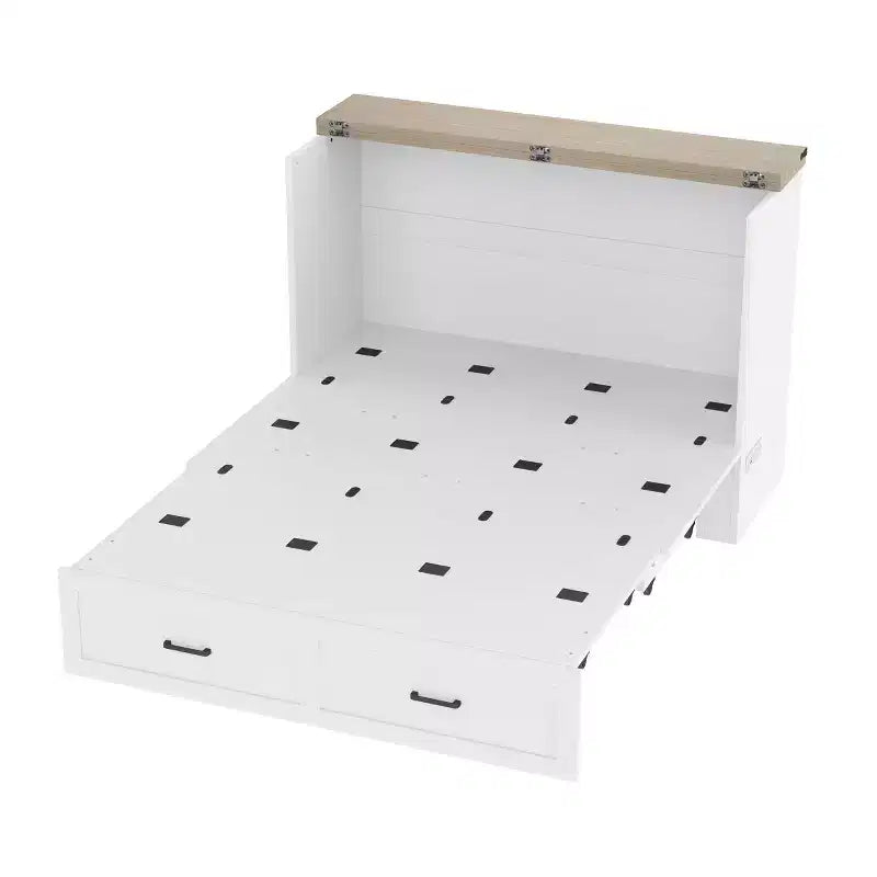 Queen Size Bed Cabinet with Charging Station Multifunctional Foldable Platform With Storage for Guest Room White