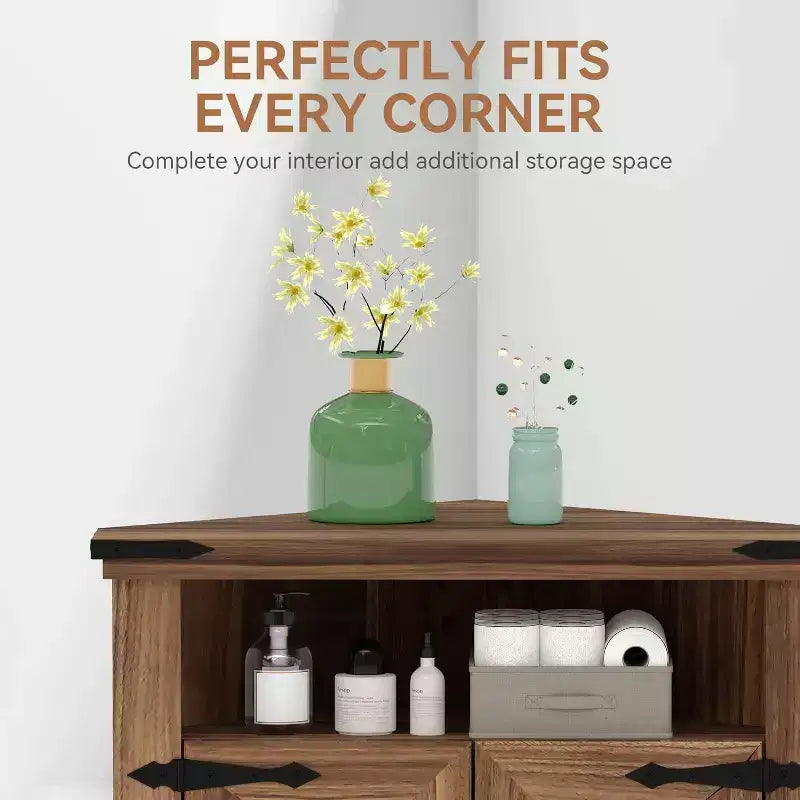 Corner Storage Cabinet with Barn Door, Farmhouse Style Floor Standing Corner Cabinet with Adjustable Shelves, Storage Cabinet for Home Office