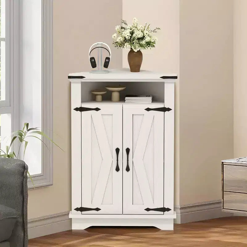 Corner Storage Cabinet with Barn Door, Farmhouse Style Floor Standing Corner Cabinet with Adjustable Shelves, Storage Cabinet for Home Office