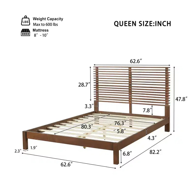 Modern Pine Wood Bed Frame with Horizontal Slatted Headboard