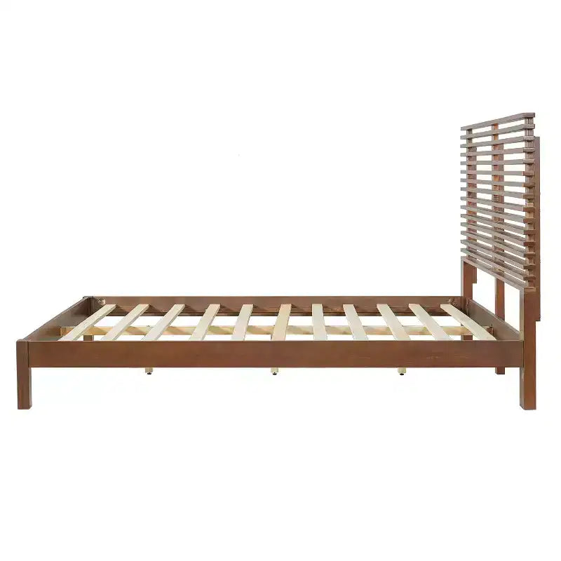 Modern Pine Wood Bed Frame with Horizontal Slatted Headboard