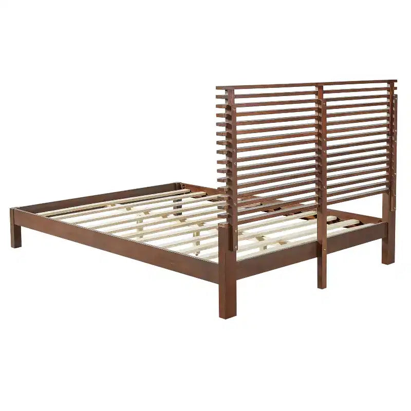 Modern Pine Wood Bed Frame with Horizontal Slatted Headboard
