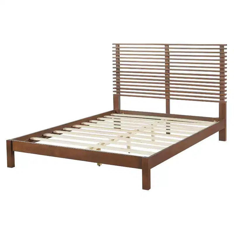Modern Pine Wood Bed Frame with Horizontal Slatted Headboard