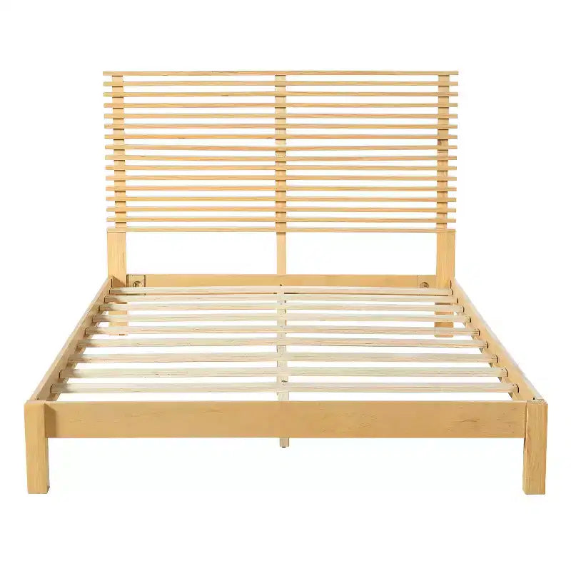 Modern Pine Wood Bed Frame with Horizontal Slatted Headboard