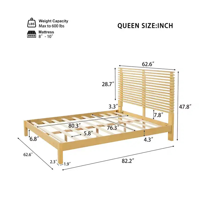 Modern Pine Wood Bed Frame with Horizontal Slatted Headboard