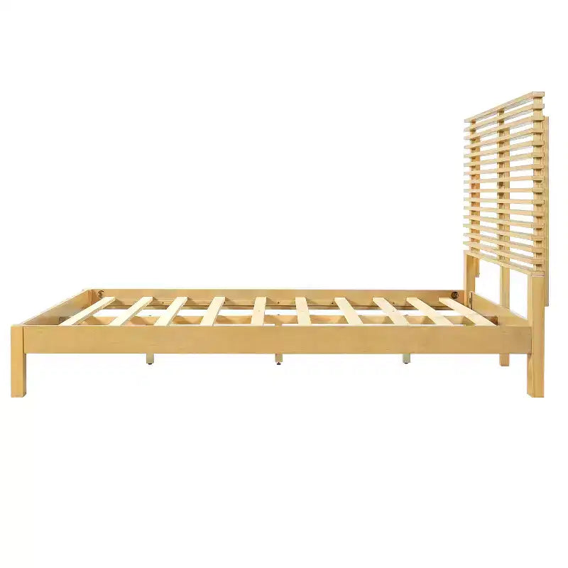 Modern Pine Wood Bed Frame with Horizontal Slatted Headboard