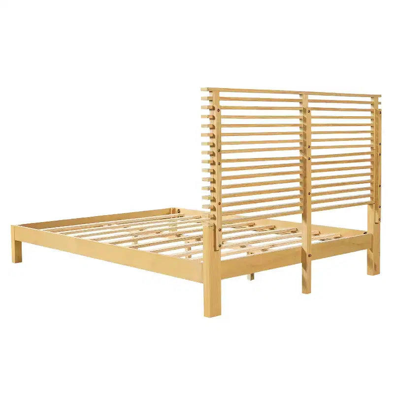 Modern Pine Wood Bed Frame with Horizontal Slatted Headboard