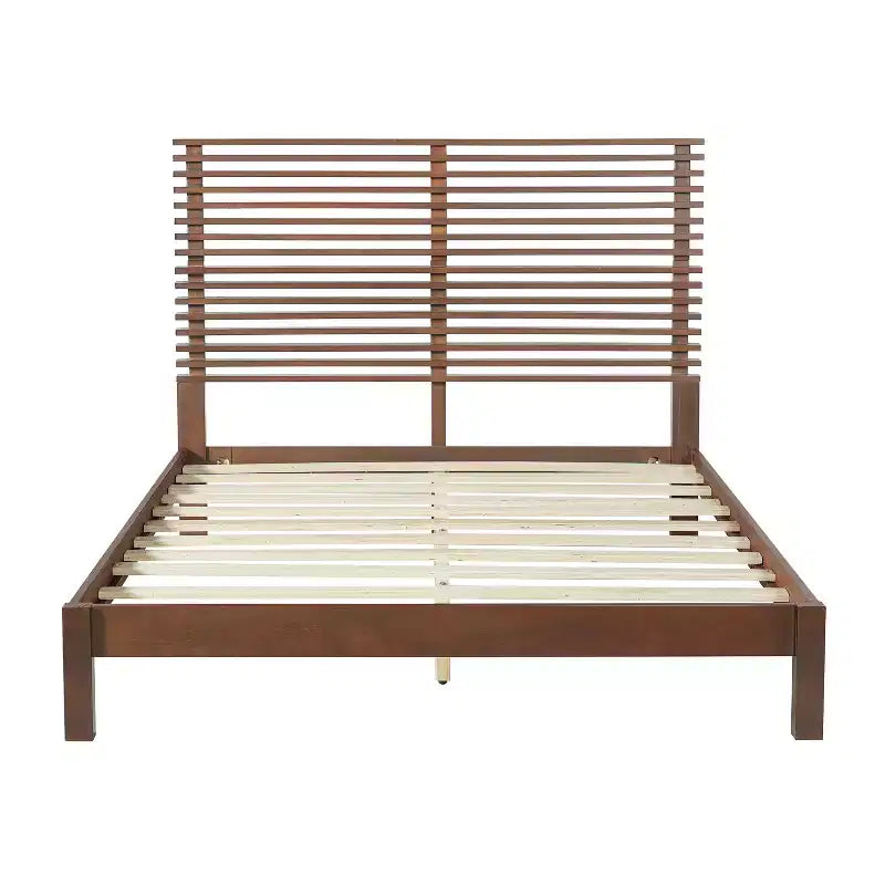 Modern Pine Wood Bed Frame with Horizontal Slatted Headboard