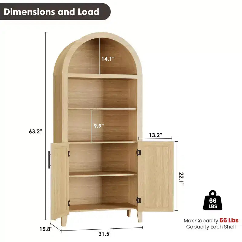 Arched Bookcase with Rattan Doors 5-Tier Modern Storage Shelf for Home/Office/Library