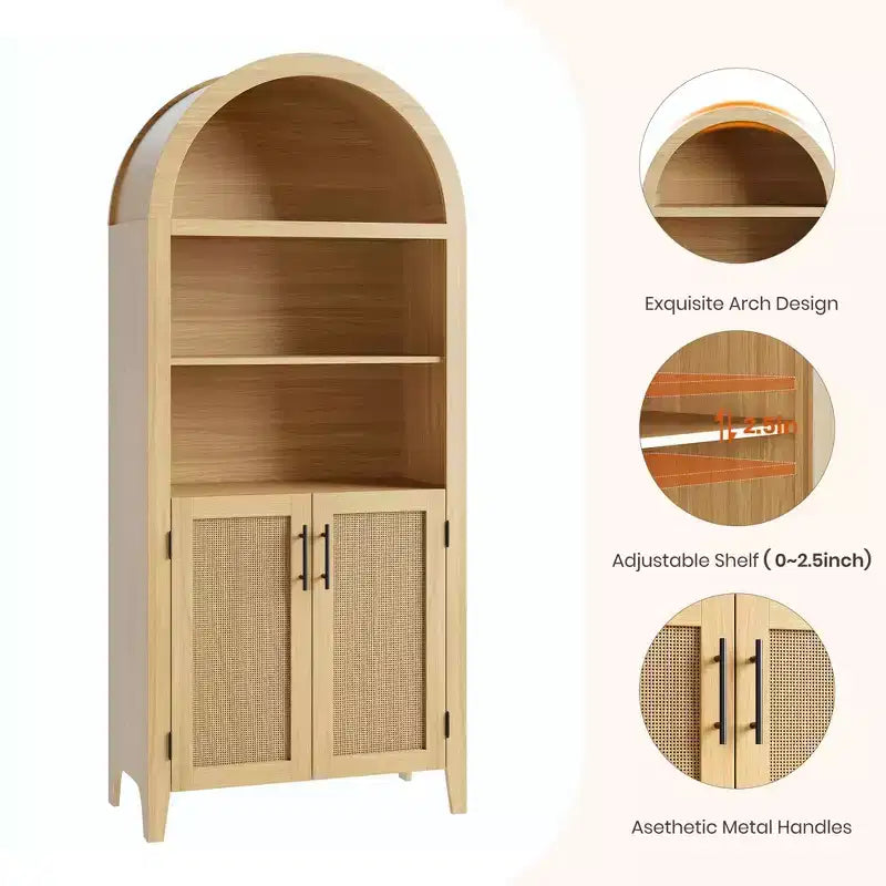 Arched Bookcase with Rattan Doors 5-Tier Modern Storage Shelf for Home/Office/Library