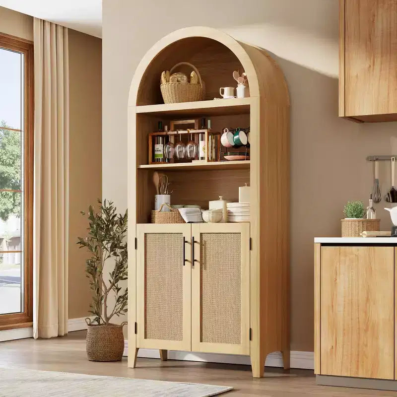 Arched Bookcase with Rattan Doors 5-Tier Modern Storage Shelf for Home/Office/Library