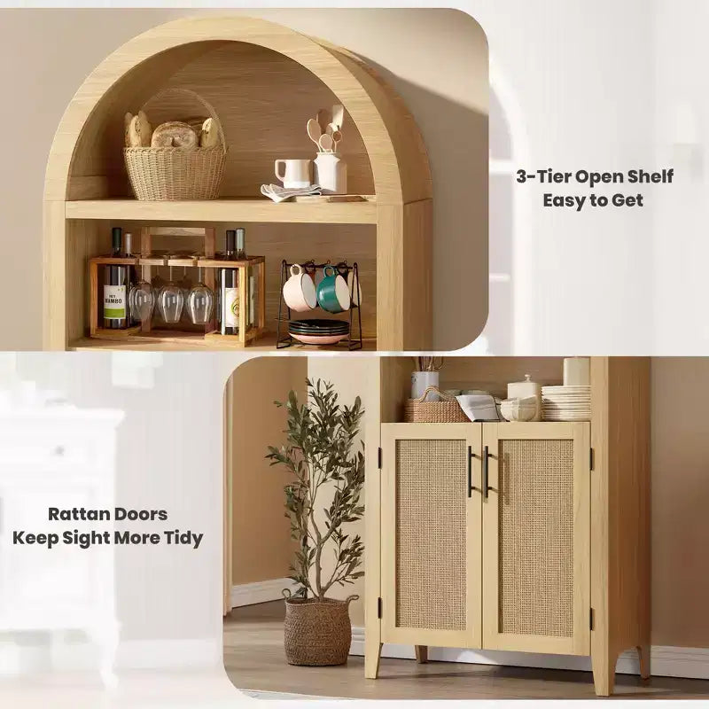 Arched Bookcase with Rattan Doors 5-Tier Modern Storage Shelf for Home/Office/Library