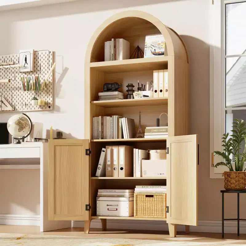 Arched Bookcase with Rattan Doors 5-Tier Modern Storage Shelf for Home/Office/Library