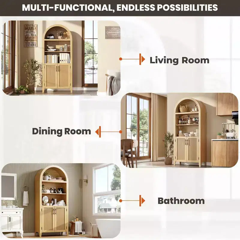Arched Bookcase with Rattan Doors 5-Tier Modern Storage Shelf for Home/Office/Library