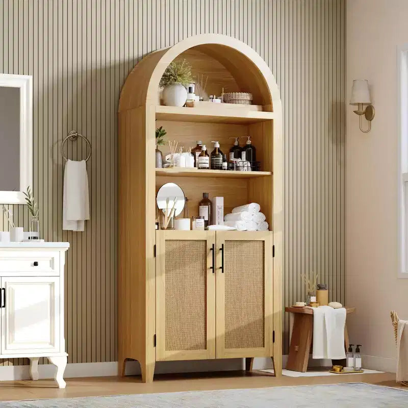 Arched Bookcase with Rattan Doors 5-Tier Modern Storage Shelf for Home/Office/Library