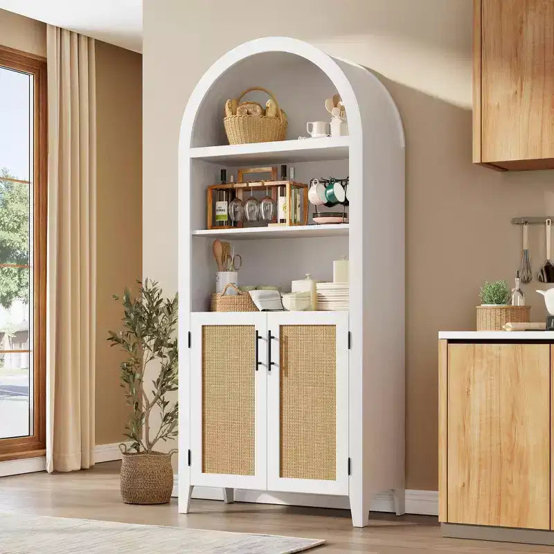 Arched Bookcase with Rattan Doors 5-Tier Modern Storage Shelf for Home/Office/Library