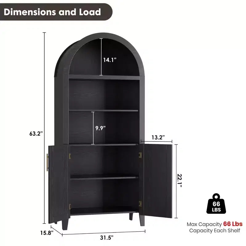 Arched Bookcase with Rattan Doors 5-Tier Modern Storage Shelf for Home/Office/Library
