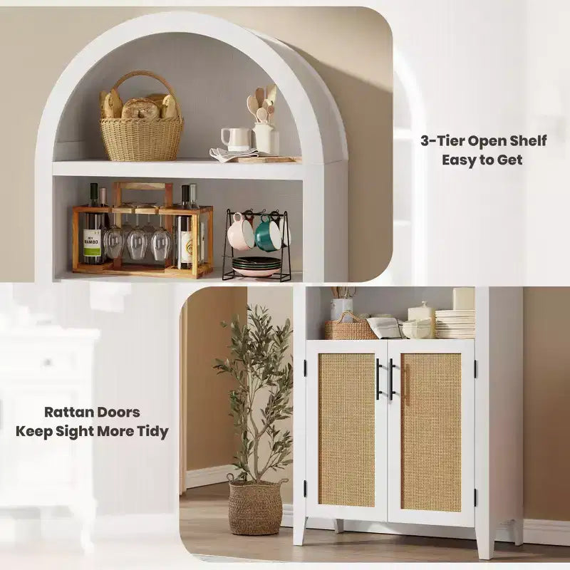 Arched Bookcase with Rattan Doors 5-Tier Modern Storage Shelf for Home/Office/Library