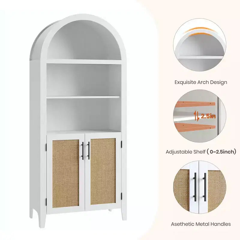 Arched Bookcase with Rattan Doors 5-Tier Modern Storage Shelf for Home/Office/Library