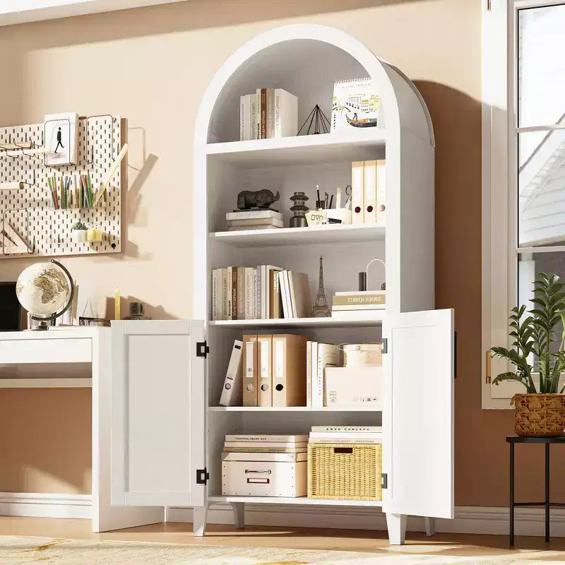 Arched Bookcase with Rattan Doors 5-Tier Modern Storage Shelf for Home/Office/Library
