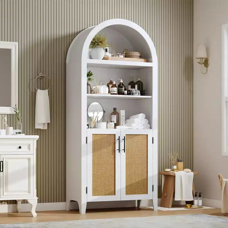 Arched Bookcase with Rattan Doors 5-Tier Modern Storage Shelf for Home/Office/Library