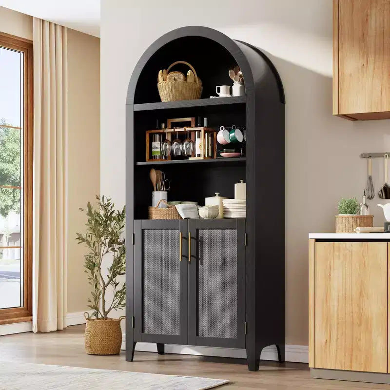 Arched Bookcase with Rattan Doors 5-Tier Modern Storage Shelf for Home/Office/Library