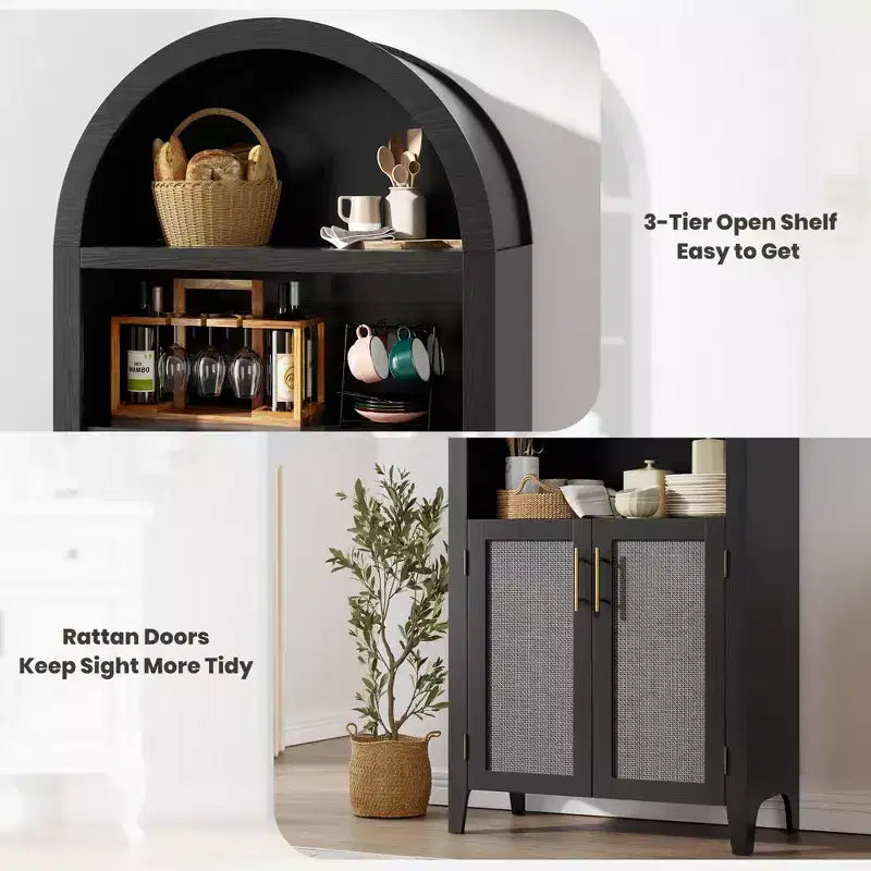 Arched Bookcase with Rattan Doors 5-Tier Modern Storage Shelf for Home/Office/Library