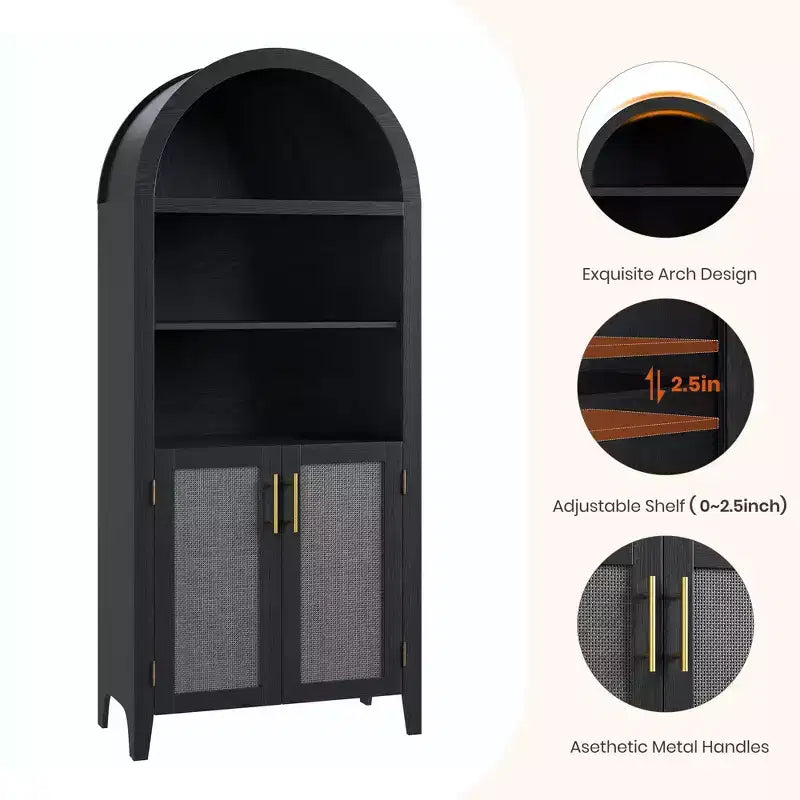 Arched Bookcase with Rattan Doors 5-Tier Modern Storage Shelf for Home/Office/Library