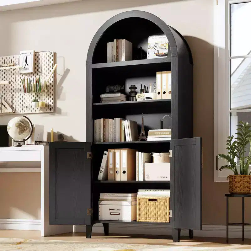 Arched Bookcase with Rattan Doors 5-Tier Modern Storage Shelf for Home/Office/Library