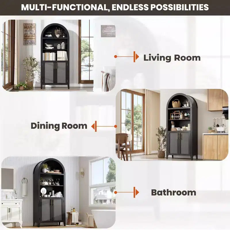 Arched Bookcase with Rattan Doors 5-Tier Modern Storage Shelf for Home/Office/Library