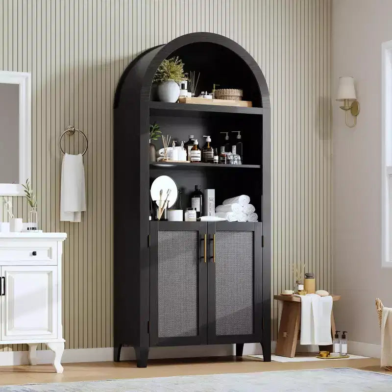 Arched Bookcase with Rattan Doors 5-Tier Modern Storage Shelf for Home/Office/Library