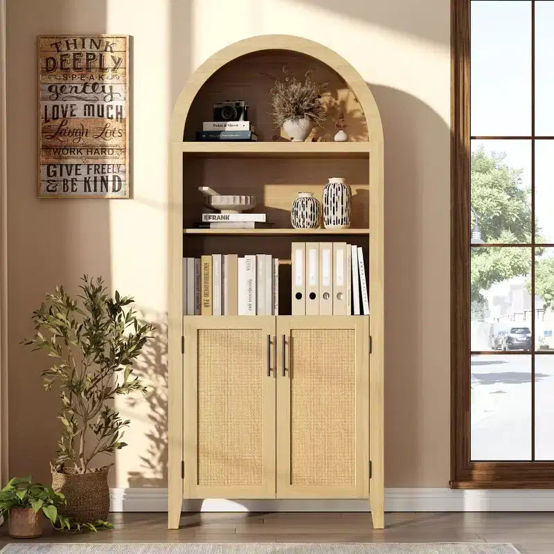 Arched Bookcase with Rattan Doors 5-Tier Modern Storage Shelf for Home/Office/Library