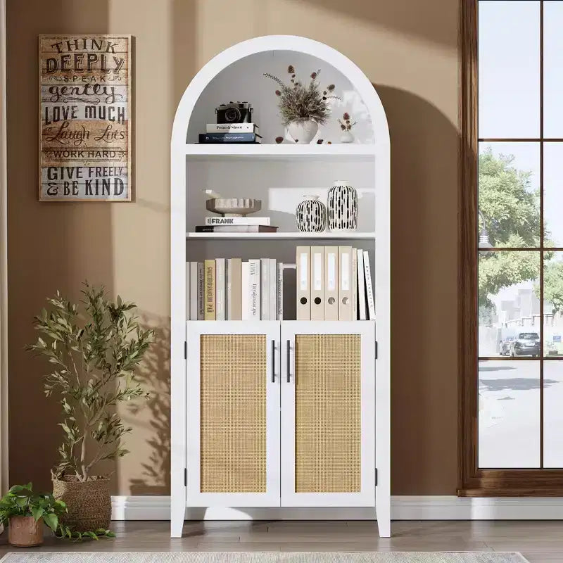 Arched Bookcase with Rattan Doors 5-Tier Modern Storage Shelf for Home/Office/Library