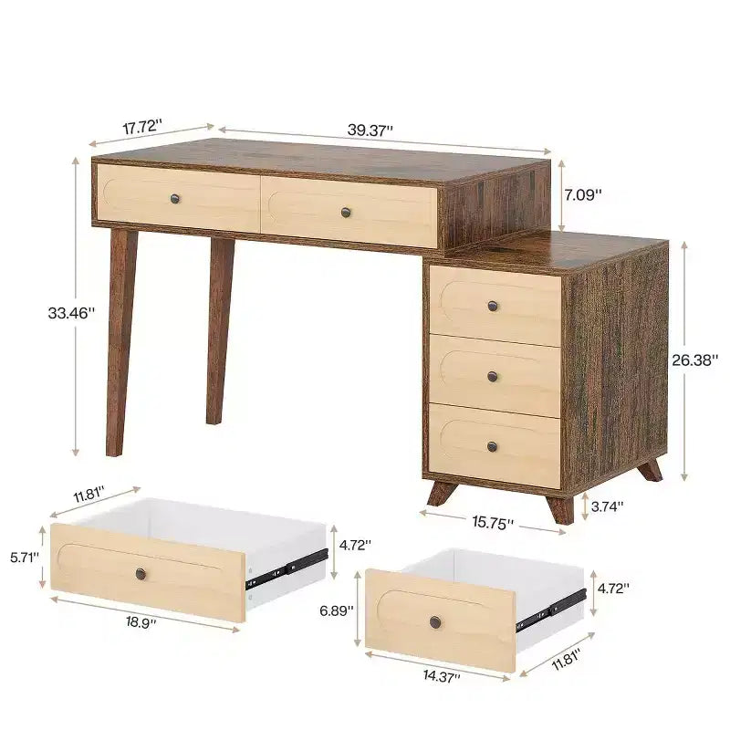 5 Drawers Computer Desk, 51 Study Writing Table with Reversible Drawer Cabinet